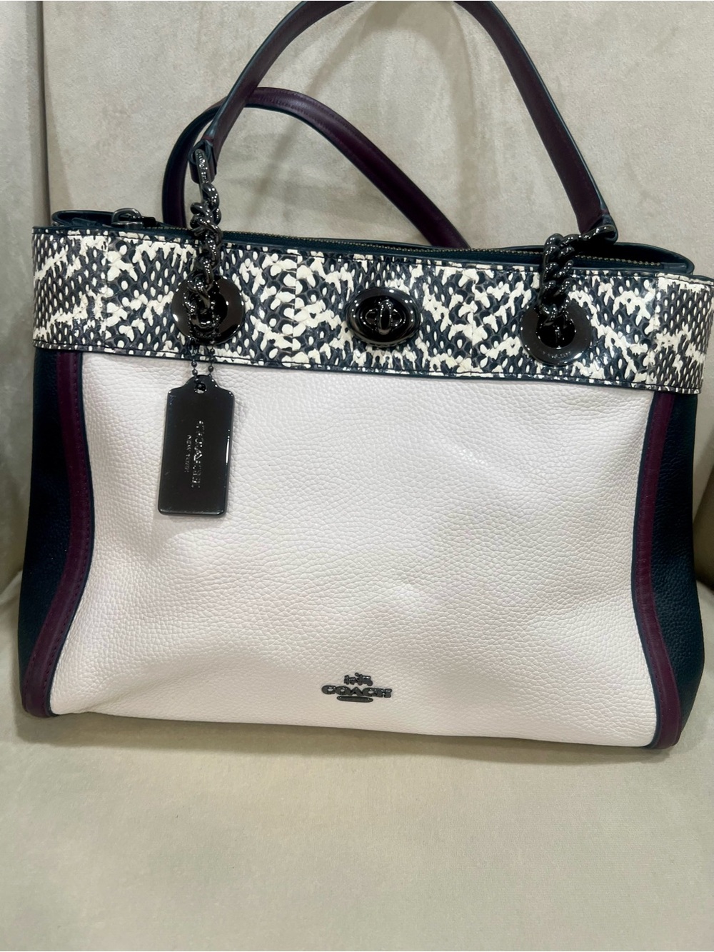 Coach Pebbled Leather Tote in White with Black Trim and Plum Handles
